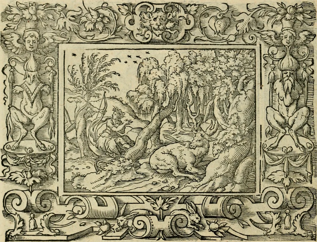 An illustration from Iohan. Posthii Germershemii Tetrasticha in Ovidii Metam. lib. XV. qvibus accesserunt Vergilij Solis figurae elegantiss. & iam primùm in lucem editae = Schoene Figuren auss dem fuertrefflichen Poeten Ouidio, allen Malern, Goldtschmiden, und Bildthauwern, zü nutz unnd gütem mit fleiss gerissen, 1563, leaf 141