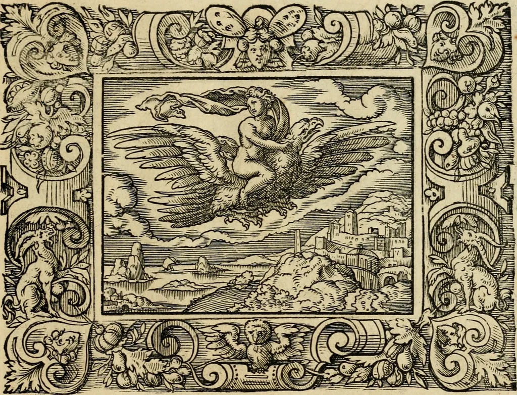 An illustration from Iohan. Posthii Germershemii Tetrasticha in Ovidii Metam. lib. XV. qvibus accesserunt Vergilij Solis figurae elegantiss. & iam primùm in lucem editae = Schoene Figuren auss dem fuertrefflichen Poeten Ouidio, allen Malern, Goldtschmiden, und Bildthauwern, zü nutz unnd gütem mit fleiss gerissen, 1563, leaf 142