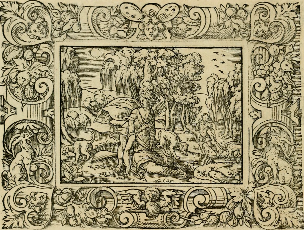 An illustration from Iohan. Posthii Germershemii Tetrasticha in Ovidii Metam. lib. XV. qvibus accesserunt Vergilij Solis figurae elegantiss. & iam primùm in lucem editae = Schoene Figuren auss dem fuertrefflichen Poeten Ouidio, allen Malern, Goldtschmiden, und Bildthauwern, zü nutz unnd gütem mit fleiss gerissen, 1563, leaf 143