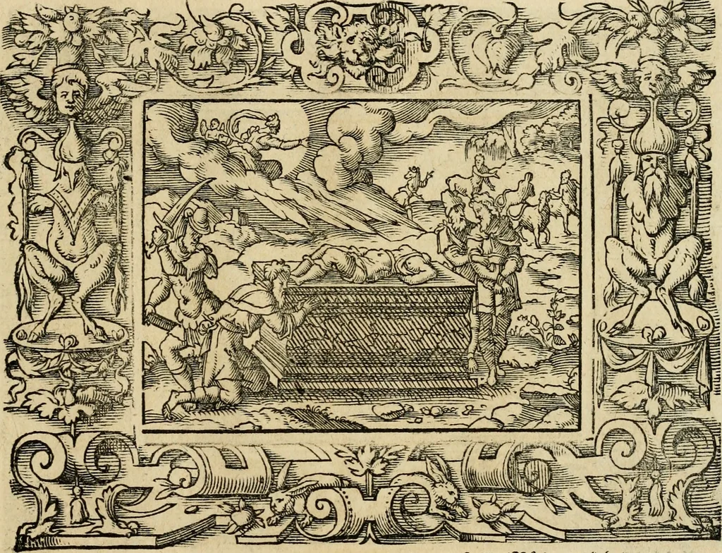 An illustration from Iohan. Posthii Germershemii Tetrasticha in Ovidii Metam. lib. XV. qvibus accesserunt Vergilij Solis figurae elegantiss. & iam primùm in lucem editae = Schoene Figuren auss dem fuertrefflichen Poeten Ouidio, allen Malern, Goldtschmiden, und Bildthauwern, zü nutz unnd gütem mit fleiss gerissen, 1563, leaf 144