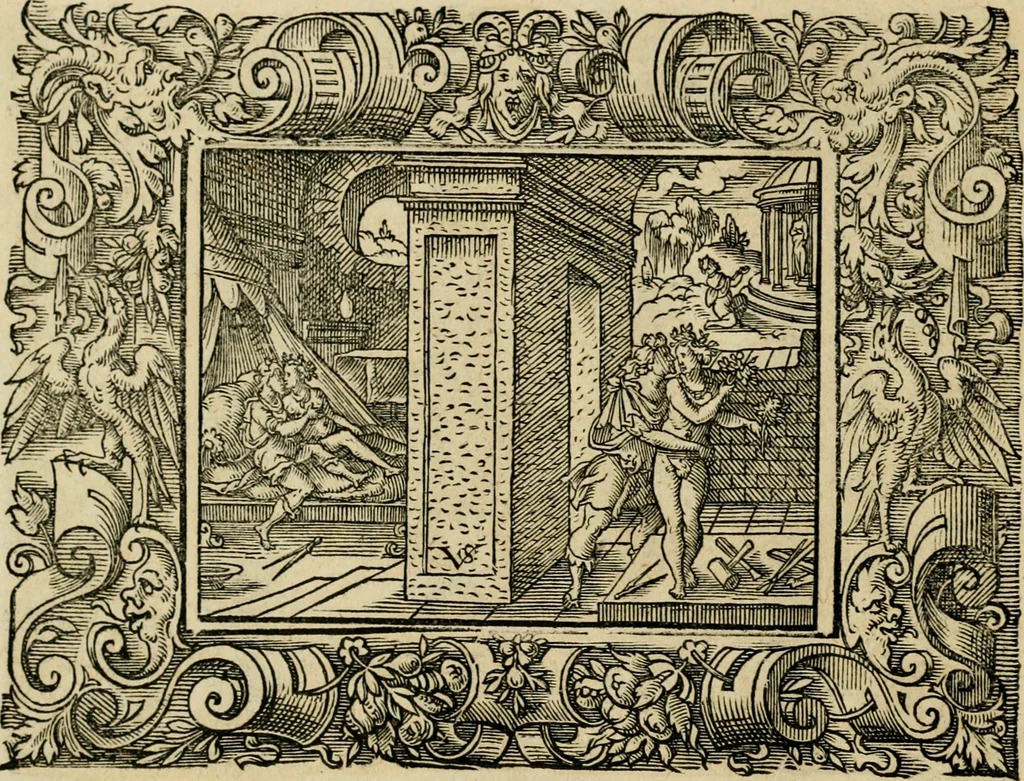 An illustration from Iohan. Posthii Germershemii Tetrasticha in Ovidii Metam. lib. XV. qvibus accesserunt Vergilij Solis figurae elegantiss. & iam primùm in lucem editae = Schoene Figuren auss dem fuertrefflichen Poeten Ouidio, allen Malern, Goldtschmiden, und Bildthauwern, zü nutz unnd gütem mit fleiss gerissen, 1563, leaf 145
