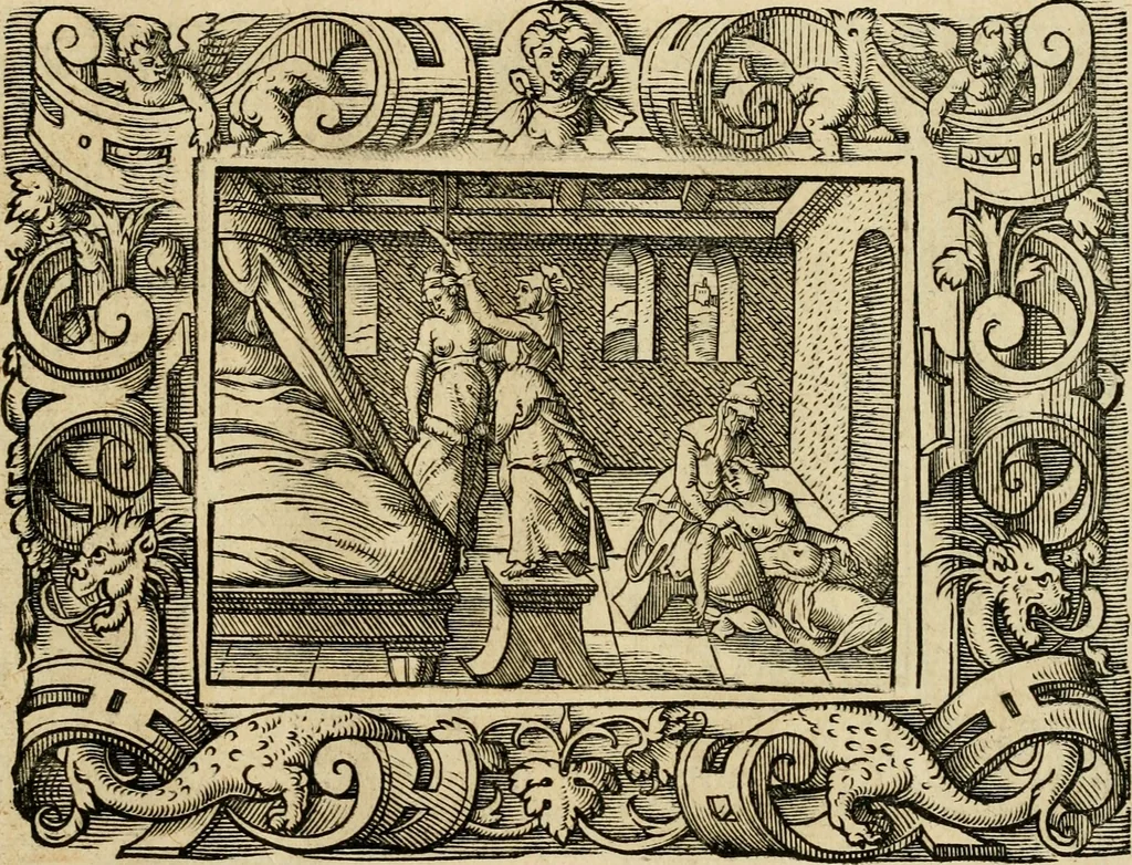 An illustration from Iohan. Posthii Germershemii Tetrasticha in Ovidii Metam. lib. XV. qvibus accesserunt Vergilij Solis figurae elegantiss. & iam primùm in lucem editae = Schoene Figuren auss dem fuertrefflichen Poeten Ouidio, allen Malern, Goldtschmiden, und Bildthauwern, zü nutz unnd gütem mit fleiss gerissen, 1563, leaf 146