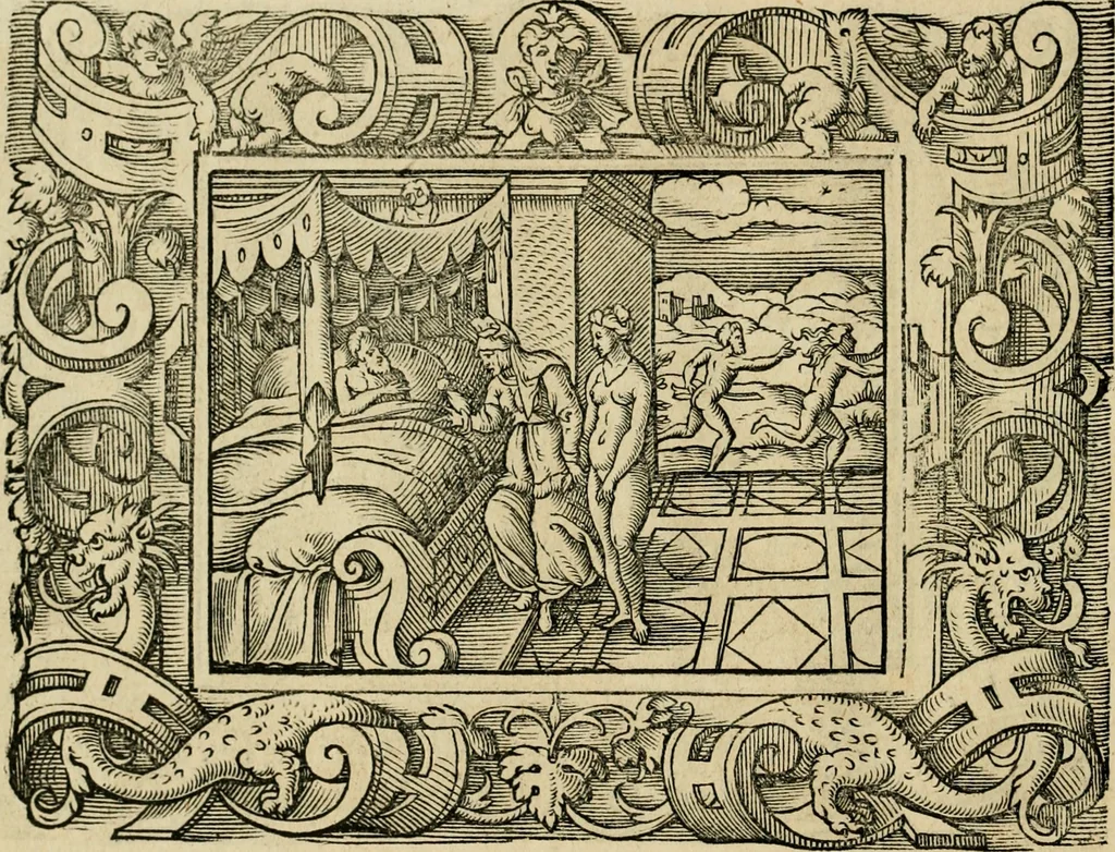 An illustration from Iohan. Posthii Germershemii Tetrasticha in Ovidii Metam. lib. XV. qvibus accesserunt Vergilij Solis figurae elegantiss. & iam primùm in lucem editae = Schoene Figuren auss dem fuertrefflichen Poeten Ouidio, allen Malern, Goldtschmiden, und Bildthauwern, zü nutz unnd gütem mit fleiss gerissen, 1563, leaf 147
