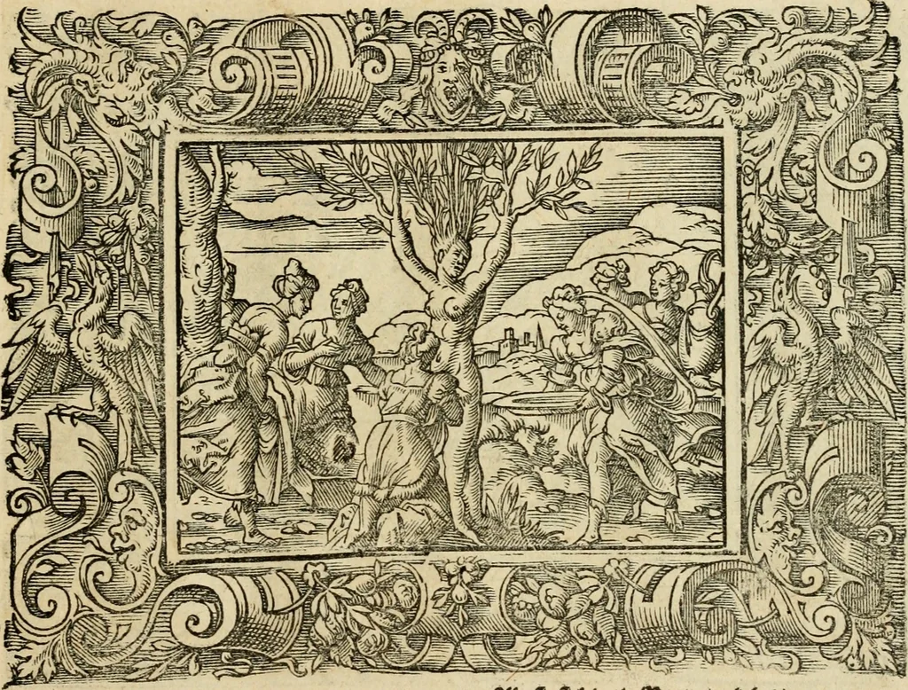 An illustration from Iohan. Posthii Germershemii Tetrasticha in Ovidii Metam. lib. XV. qvibus accesserunt Vergilij Solis figurae elegantiss. & iam primùm in lucem editae = Schoene Figuren auss dem fuertrefflichen Poeten Ouidio, allen Malern, Goldtschmiden, und Bildthauwern, zü nutz unnd gütem mit fleiss gerissen, 1563, leaf 148