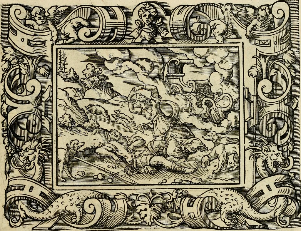 An illustration from Iohan. Posthii Germershemii Tetrasticha in Ovidii Metam. lib. XV. qvibus accesserunt Vergilij Solis figurae elegantiss. & iam primùm in lucem editae = Schoene Figuren auss dem fuertrefflichen Poeten Ouidio, allen Malern, Goldtschmiden, und Bildthauwern, zü nutz unnd gütem mit fleiss gerissen, 1563, leaf 152