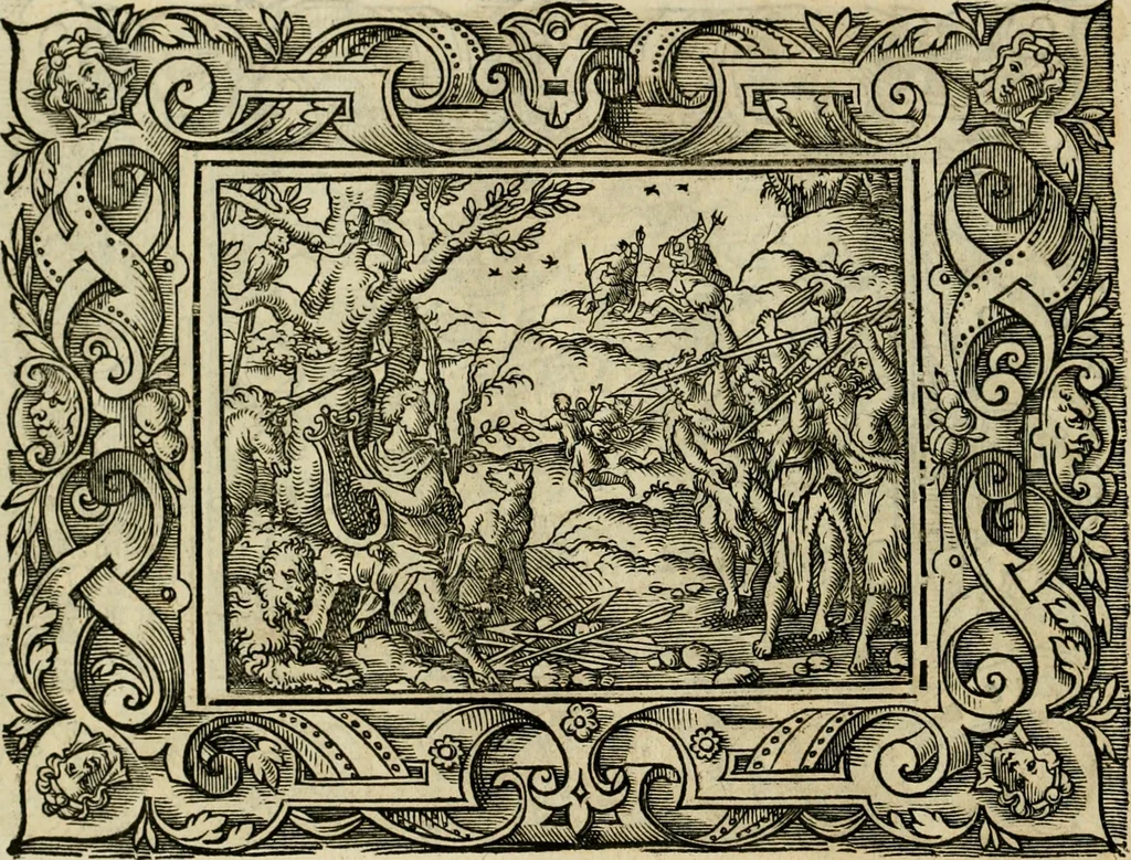 An illustration from Iohan. Posthii Germershemii Tetrasticha in Ovidii Metam. lib. XV. qvibus accesserunt Vergilij Solis figurae elegantiss. & iam primùm in lucem editae = Schoene Figuren auss dem fuertrefflichen Poeten Ouidio, allen Malern, Goldtschmiden, und Bildthauwern, zü nutz unnd gütem mit fleiss gerissen, 1563, leaf 153