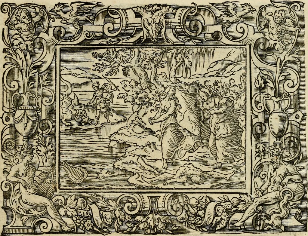 An illustration from Iohan. Posthii Germershemii Tetrasticha in Ovidii Metam. lib. XV. qvibus accesserunt Vergilij Solis figurae elegantiss. & iam primùm in lucem editae = Schoene Figuren auss dem fuertrefflichen Poeten Ouidio, allen Malern, Goldtschmiden, und Bildthauwern, zü nutz unnd gütem mit fleiss gerissen, 1563, leaf 154