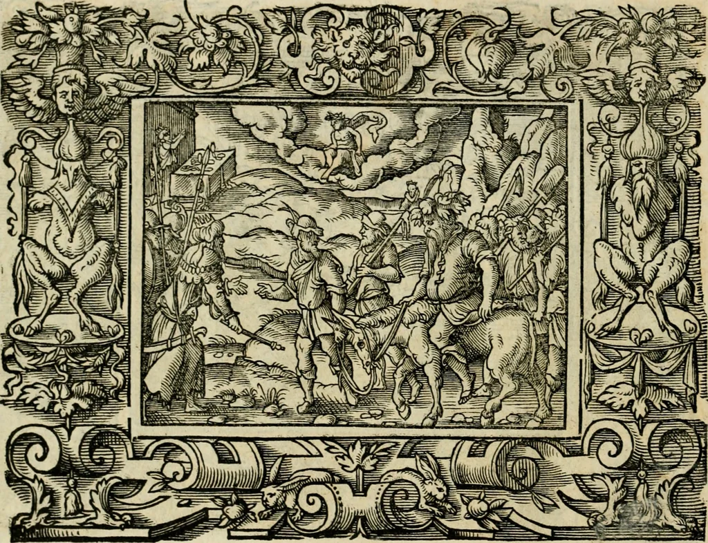 An illustration from Iohan. Posthii Germershemii Tetrasticha in Ovidii Metam. lib. XV. qvibus accesserunt Vergilij Solis figurae elegantiss. & iam primùm in lucem editae = Schoene Figuren auss dem fuertrefflichen Poeten Ouidio, allen Malern, Goldtschmiden, und Bildthauwern, zü nutz unnd gütem mit fleiss gerissen, 1563, leaf 155
