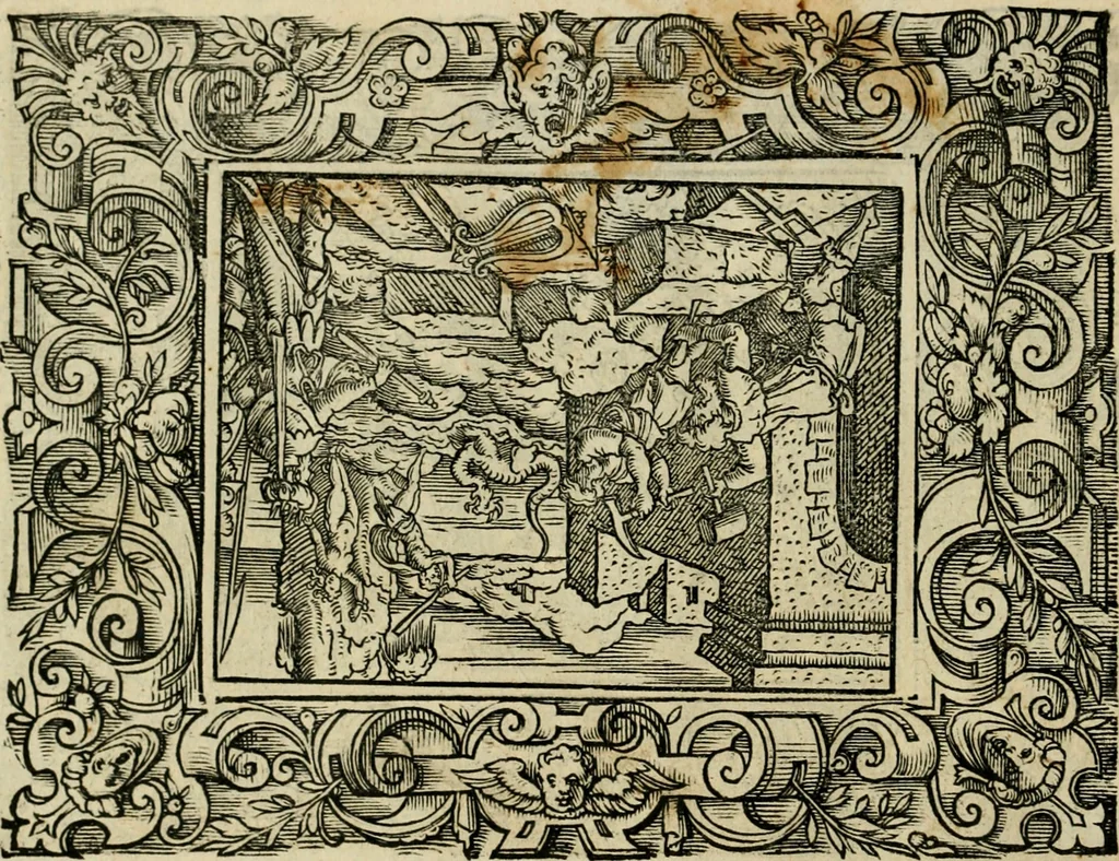 An illustration from Iohan. Posthii Germershemii Tetrasticha in Ovidii Metam. lib. XV. qvibus accesserunt Vergilij Solis figurae elegantiss. & iam primùm in lucem editae = Schoene Figuren auss dem fuertrefflichen Poeten Ouidio, allen Malern, Goldtschmiden, und Bildthauwern, zü nutz unnd gütem mit fleiss gerissen, 1563, leaf 157