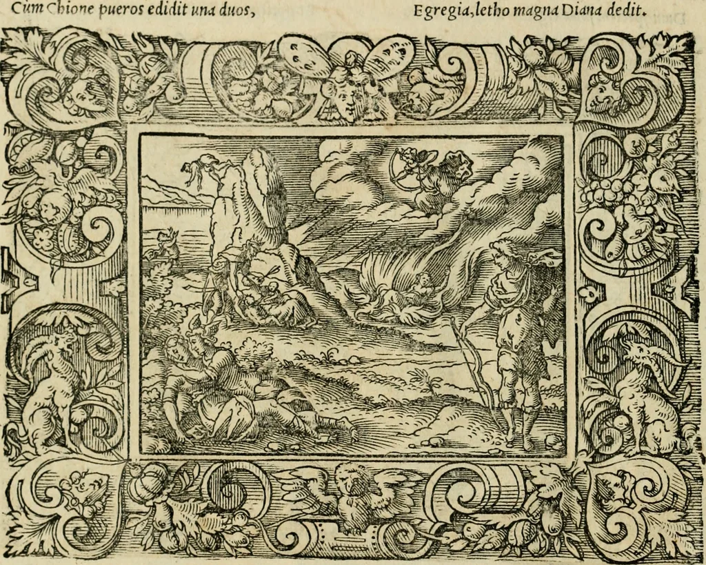 An illustration from Iohan. Posthii Germershemii Tetrasticha in Ovidii Metam. lib. XV. qvibus accesserunt Vergilij Solis figurae elegantiss. & iam primùm in lucem editae = Schoene Figuren auss dem fuertrefflichen Poeten Ouidio, allen Malern, Goldtschmiden, und Bildthauwern, zü nutz unnd gütem mit fleiss gerissen, 1563, leaf 159