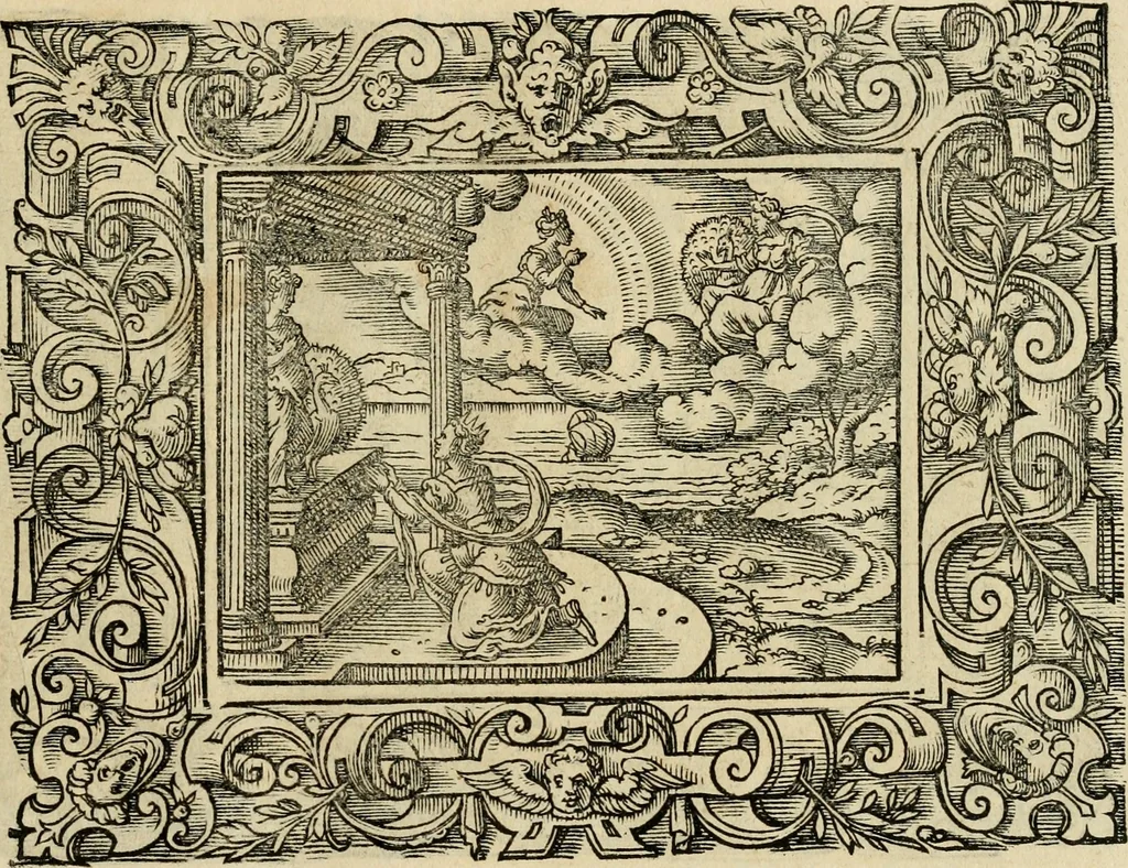 An illustration from Iohan. Posthii Germershemii Tetrasticha in Ovidii Metam. lib. XV. qvibus accesserunt Vergilij Solis figurae elegantiss. & iam primùm in lucem editae = Schoene Figuren auss dem fuertrefflichen Poeten Ouidio, allen Malern, Goldtschmiden, und Bildthauwern, zü nutz unnd gütem mit fleiss gerissen, 1563, leaf 162