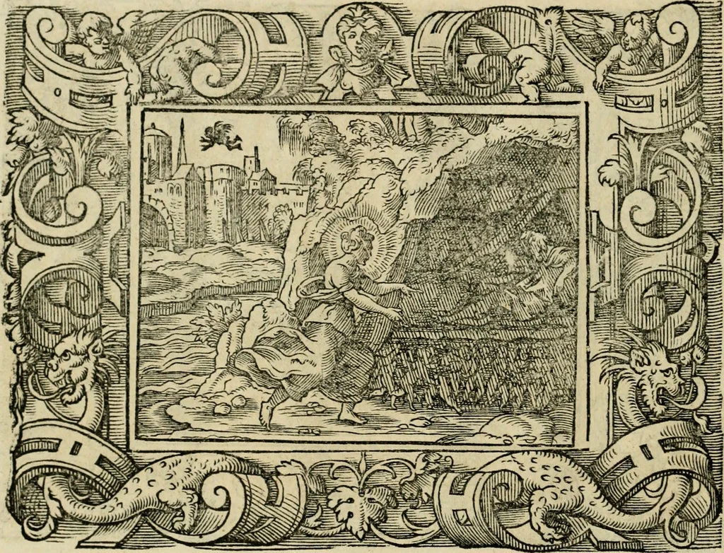 An illustration from Iohan. Posthii Germershemii Tetrasticha in Ovidii Metam. lib. XV. qvibus accesserunt Vergilij Solis figurae elegantiss. & iam primùm in lucem editae = Schoene Figuren auss dem fuertrefflichen Poeten Ouidio, allen Malern, Goldtschmiden, und Bildthauwern, zü nutz unnd gütem mit fleiss gerissen, 1563, leaf 163