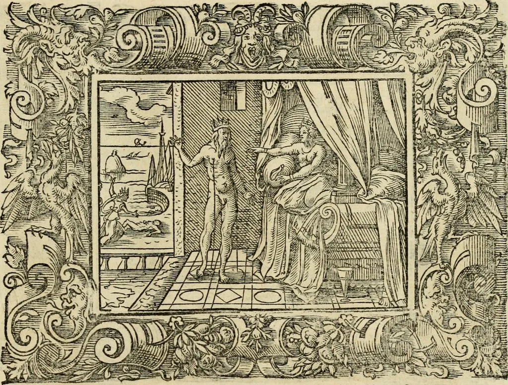 An illustration from Iohan. Posthii Germershemii Tetrasticha in Ovidii Metam. lib. XV. qvibus accesserunt Vergilij Solis figurae elegantiss. & iam primùm in lucem editae = Schoene Figuren auss dem fuertrefflichen Poeten Ouidio, allen Malern, Goldtschmiden, und Bildthauwern, zü nutz unnd gütem mit fleiss gerissen, 1563, leaf 164