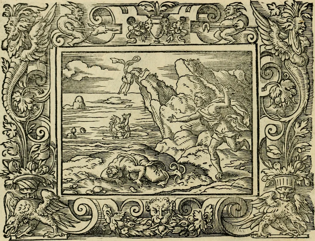 An illustration from Iohan. Posthii Germershemii Tetrasticha in Ovidii Metam. lib. XV. qvibus accesserunt Vergilij Solis figurae elegantiss. & iam primùm in lucem editae = Schoene Figuren auss dem fuertrefflichen Poeten Ouidio, allen Malern, Goldtschmiden, und Bildthauwern, zü nutz unnd gütem mit fleiss gerissen, 1563, leaf 165