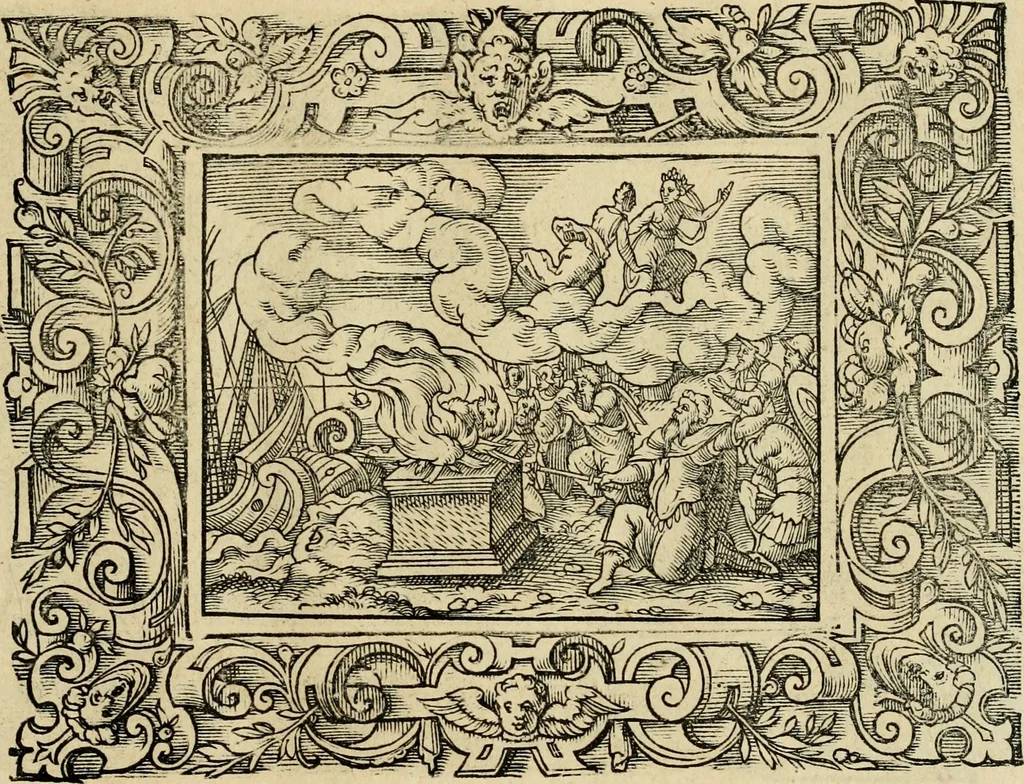 An illustration from Iohan. Posthii Germershemii Tetrasticha in Ovidii Metam. lib. XV. qvibus accesserunt Vergilij Solis figurae elegantiss. & iam primùm in lucem editae = Schoene Figuren auss dem fuertrefflichen Poeten Ouidio, allen Malern, Goldtschmiden, und Bildthauwern, zü nutz unnd gütem mit fleiss gerissen, 1563, leaf 166