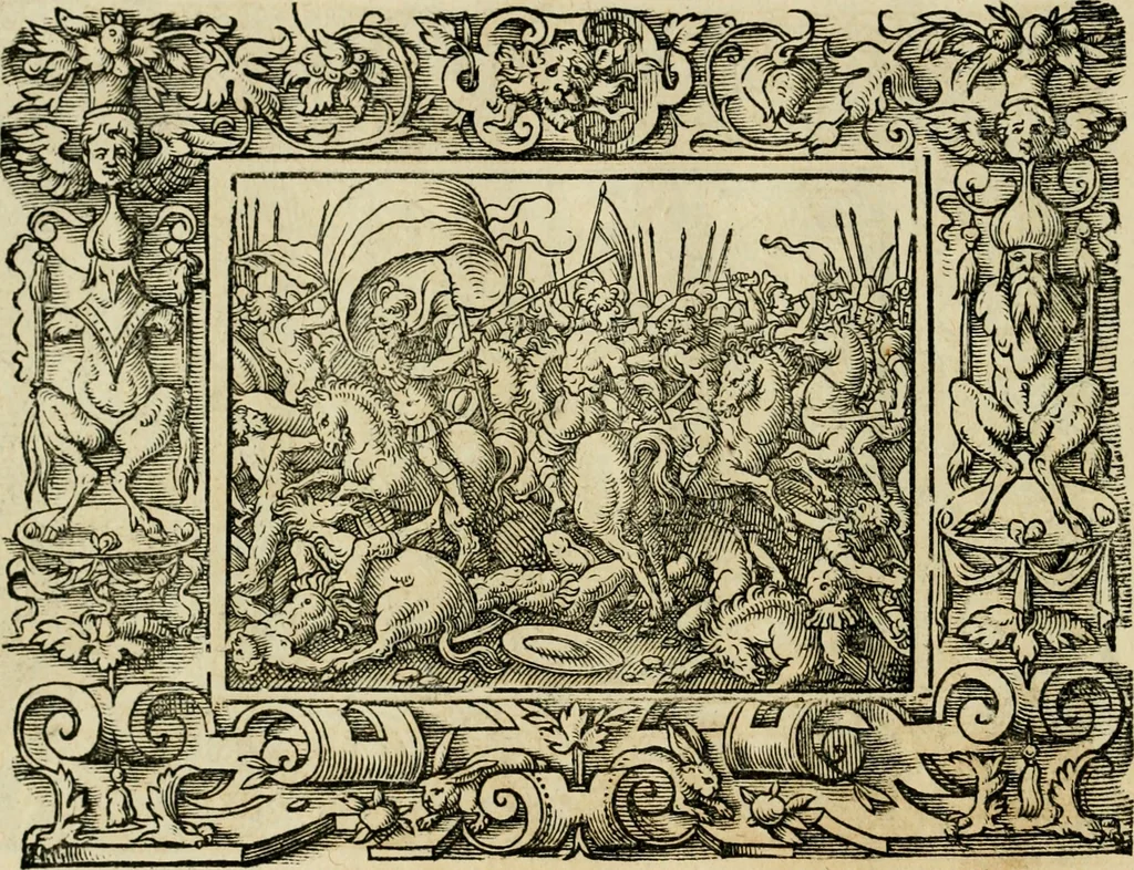 An illustration from Iohan. Posthii Germershemii Tetrasticha in Ovidii Metam. lib. XV. qvibus accesserunt Vergilij Solis figurae elegantiss. & iam primùm in lucem editae = Schoene Figuren auss dem fuertrefflichen Poeten Ouidio, allen Malern, Goldtschmiden, und Bildthauwern, zü nutz unnd gütem mit fleiss gerissen, 1563, leaf 167