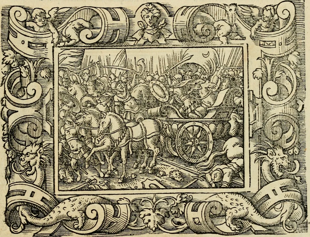 An illustration from Iohan. Posthii Germershemii Tetrasticha in Ovidii Metam. lib. XV. qvibus accesserunt Vergilij Solis figurae elegantiss. & iam primùm in lucem editae = Schoene Figuren auss dem fuertrefflichen Poeten Ouidio, allen Malern, Goldtschmiden, und Bildthauwern, zü nutz unnd gütem mit fleiss gerissen, 1563, leaf 168
