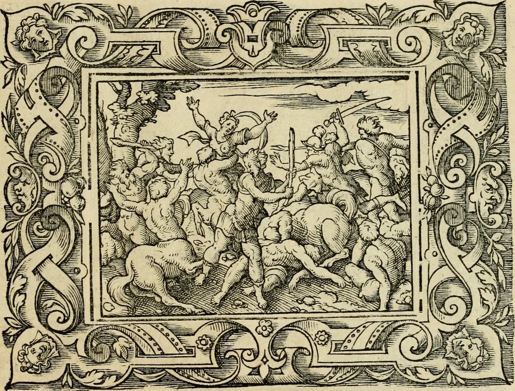 An illustration from Iohan. Posthii Germershemii Tetrasticha in Ovidii Metam. lib. XV. qvibus accesserunt Vergilij Solis figurae elegantiss. & iam primùm in lucem editae = Schoene Figuren auss dem fuertrefflichen Poeten Ouidio, allen Malern, Goldtschmiden, und Bildthauwern, zü nutz unnd gütem mit fleiss gerissen, 1563, leaf 170