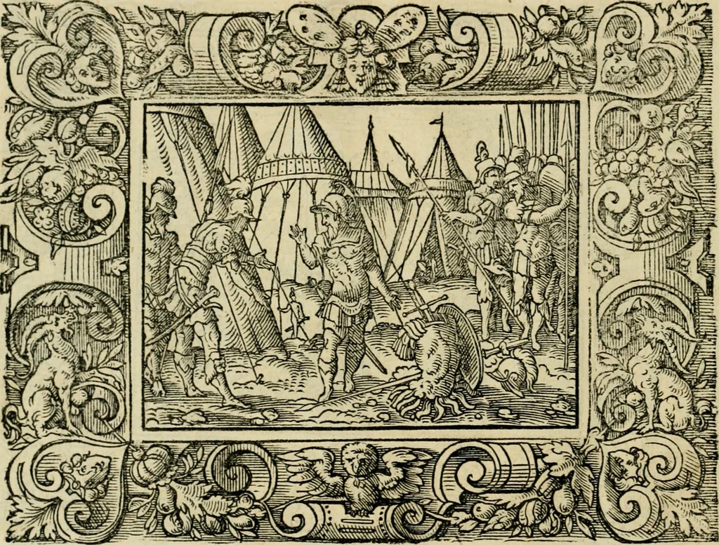 An illustration from Iohan. Posthii Germershemii Tetrasticha in Ovidii Metam. lib. XV. qvibus accesserunt Vergilij Solis figurae elegantiss. & iam primùm in lucem editae = Schoene Figuren auss dem fuertrefflichen Poeten Ouidio, allen Malern, Goldtschmiden, und Bildthauwern, zü nutz unnd gütem mit fleiss gerissen, 1563, leaf 171