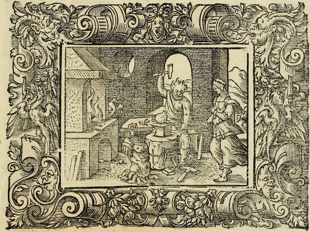 An illustration from Iohan. Posthii Germershemii Tetrasticha in Ovidii Metam. lib. XV. qvibus accesserunt Vergilij Solis figurae elegantiss. & iam primùm in lucem editae = Schoene Figuren auss dem fuertrefflichen Poeten Ouidio, allen Malern, Goldtschmiden, und Bildthauwern, zü nutz unnd gütem mit fleiss gerissen, 1563, leaf 172