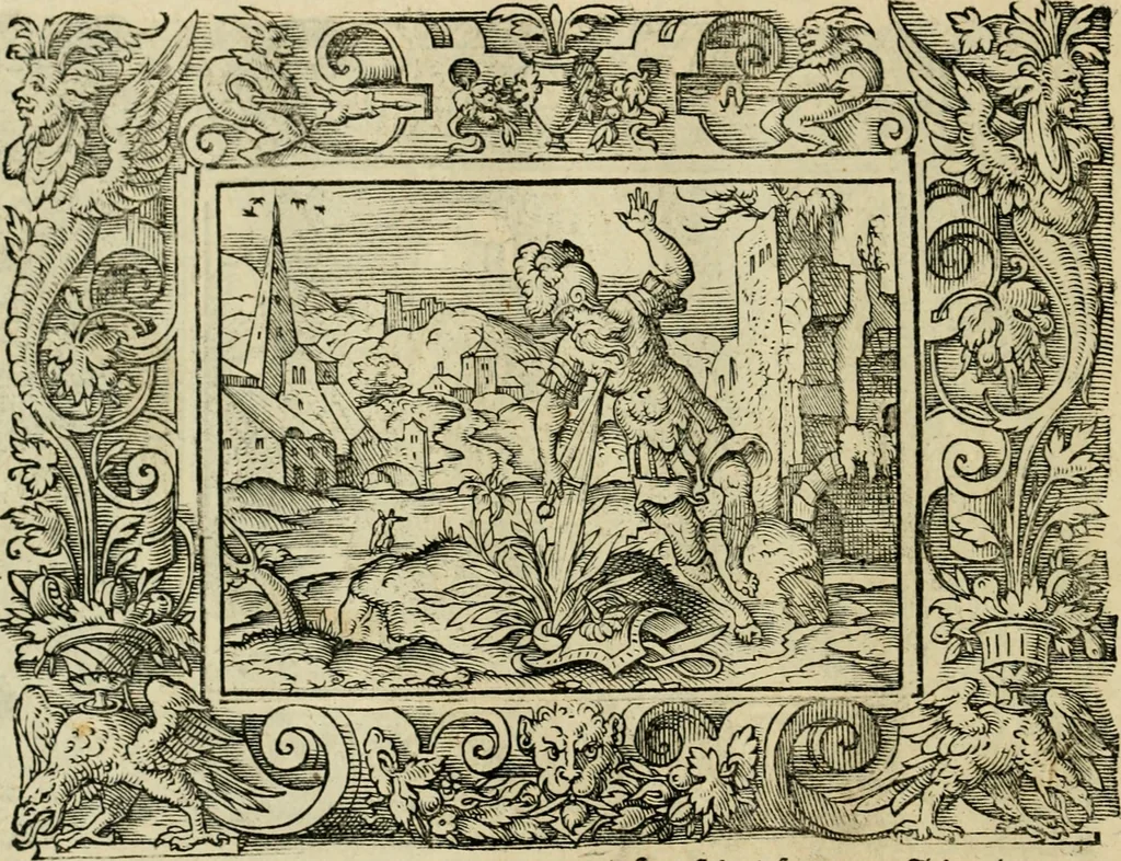 An illustration from Iohan. Posthii Germershemii Tetrasticha in Ovidii Metam. lib. XV. qvibus accesserunt Vergilij Solis figurae elegantiss. & iam primùm in lucem editae = Schoene Figuren auss dem fuertrefflichen Poeten Ouidio, allen Malern, Goldtschmiden, und Bildthauwern, zü nutz unnd gütem mit fleiss gerissen, 1563, leaf 173