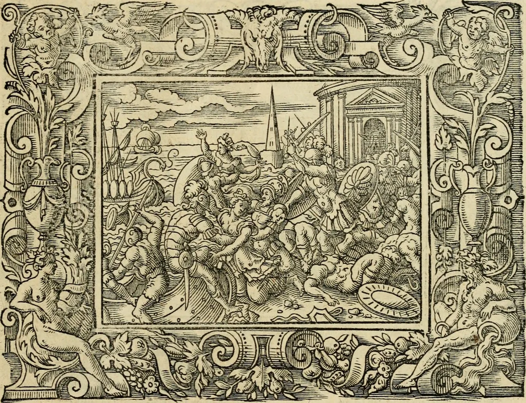 An illustration from Iohan. Posthii Germershemii Tetrasticha in Ovidii Metam. lib. XV. qvibus accesserunt Vergilij Solis figurae elegantiss. & iam primùm in lucem editae = Schoene Figuren auss dem fuertrefflichen Poeten Ouidio, allen Malern, Goldtschmiden, und Bildthauwern, zü nutz unnd gütem mit fleiss gerissen, 1563, leaf 174