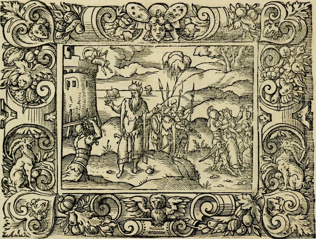 An illustration from Iohan. Posthii Germershemii Tetrasticha in Ovidii Metam. lib. XV. qvibus accesserunt Vergilij Solis figurae elegantiss. & iam primùm in lucem editae = Schoene Figuren auss dem fuertrefflichen Poeten Ouidio, allen Malern, Goldtschmiden, und Bildthauwern, zü nutz unnd gütem mit fleiss gerissen, 1563, leaf 175