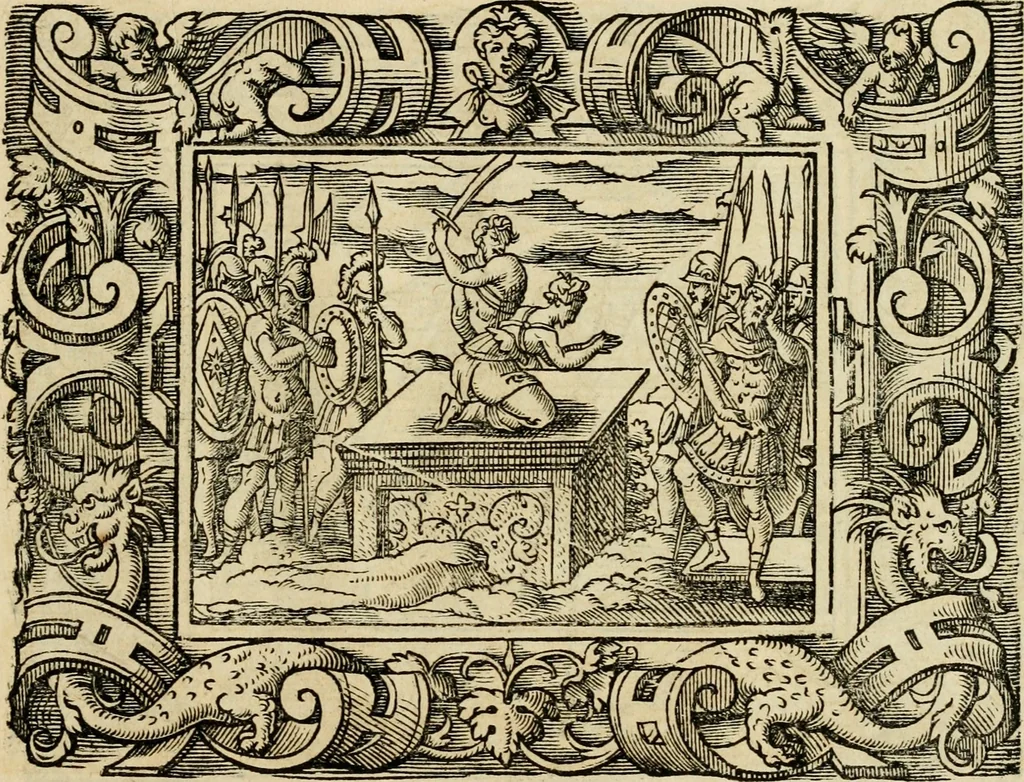An illustration from Iohan. Posthii Germershemii Tetrasticha in Ovidii Metam. lib. XV. qvibus accesserunt Vergilij Solis figurae elegantiss. & iam primùm in lucem editae = Schoene Figuren auss dem fuertrefflichen Poeten Ouidio, allen Malern, Goldtschmiden, und Bildthauwern, zü nutz unnd gütem mit fleiss gerissen, 1563, leaf 176