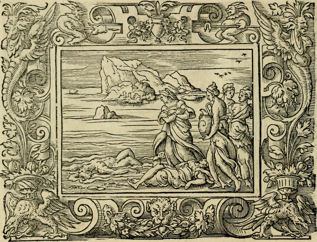 An illustration from Iohan. Posthii Germershemii Tetrasticha in Ovidii Metam. lib. XV. qvibus accesserunt Vergilij Solis figurae elegantiss. & iam primùm in lucem editae = Schoene Figuren auss dem fuertrefflichen Poeten Ouidio, allen Malern, Goldtschmiden, und Bildthauwern, zü nutz unnd gütem mit fleiss gerissen, 1563, leaf 177
