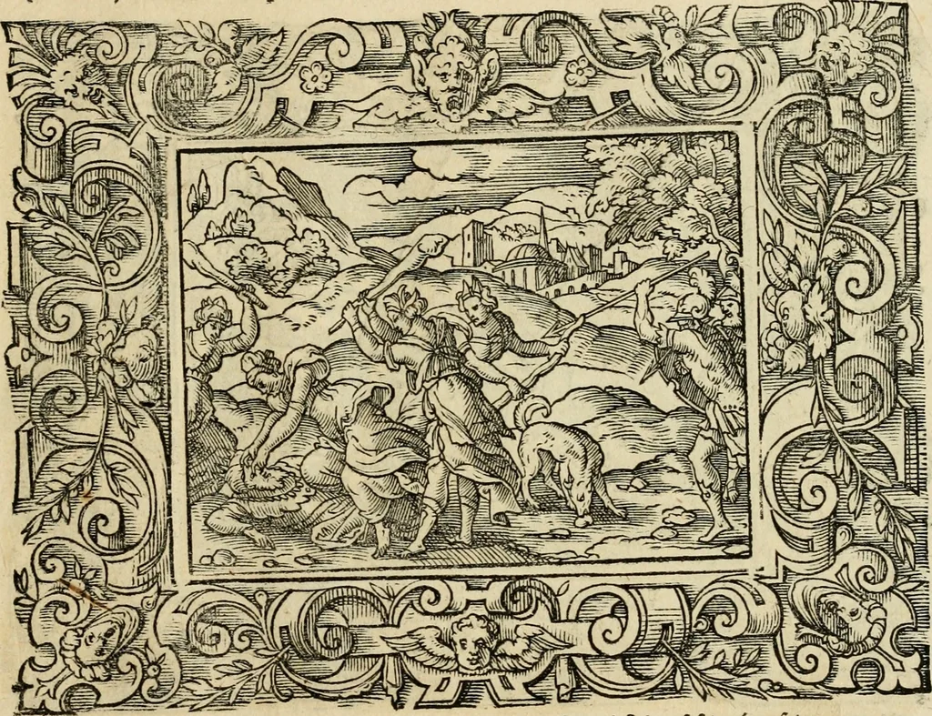 An illustration from Iohan. Posthii Germershemii Tetrasticha in Ovidii Metam. lib. XV. qvibus accesserunt Vergilij Solis figurae elegantiss. & iam primùm in lucem editae = Schoene Figuren auss dem fuertrefflichen Poeten Ouidio, allen Malern, Goldtschmiden, und Bildthauwern, zü nutz unnd gütem mit fleiss gerissen, 1563, leaf 178
