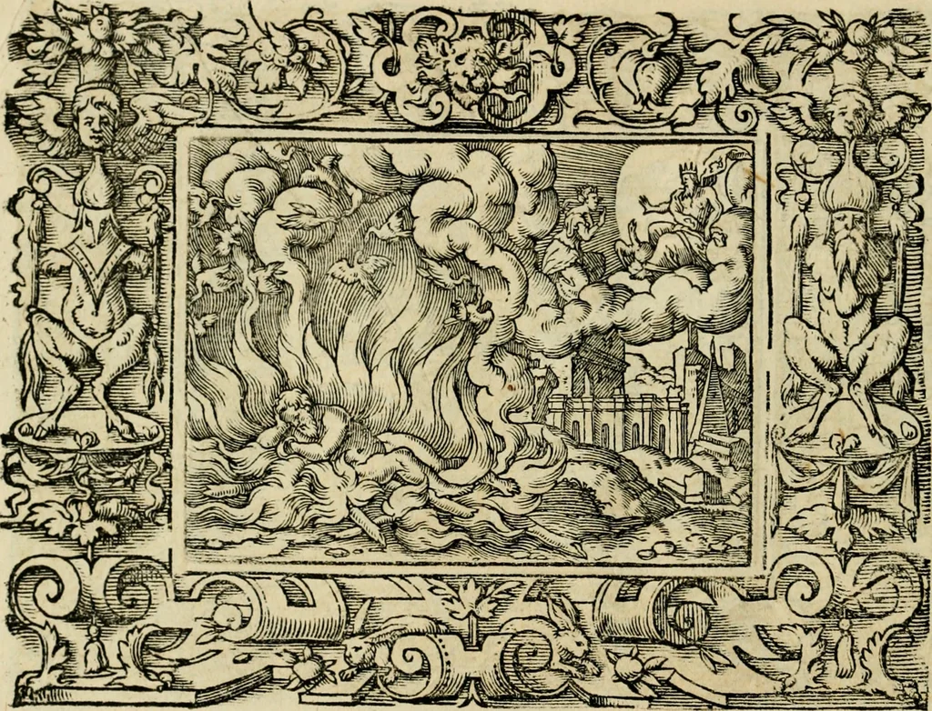 An illustration from Iohan. Posthii Germershemii Tetrasticha in Ovidii Metam. lib. XV. qvibus accesserunt Vergilij Solis figurae elegantiss. & iam primùm in lucem editae = Schoene Figuren auss dem fuertrefflichen Poeten Ouidio, allen Malern, Goldtschmiden, und Bildthauwern, zü nutz unnd gütem mit fleiss gerissen, 1563, leaf 179
