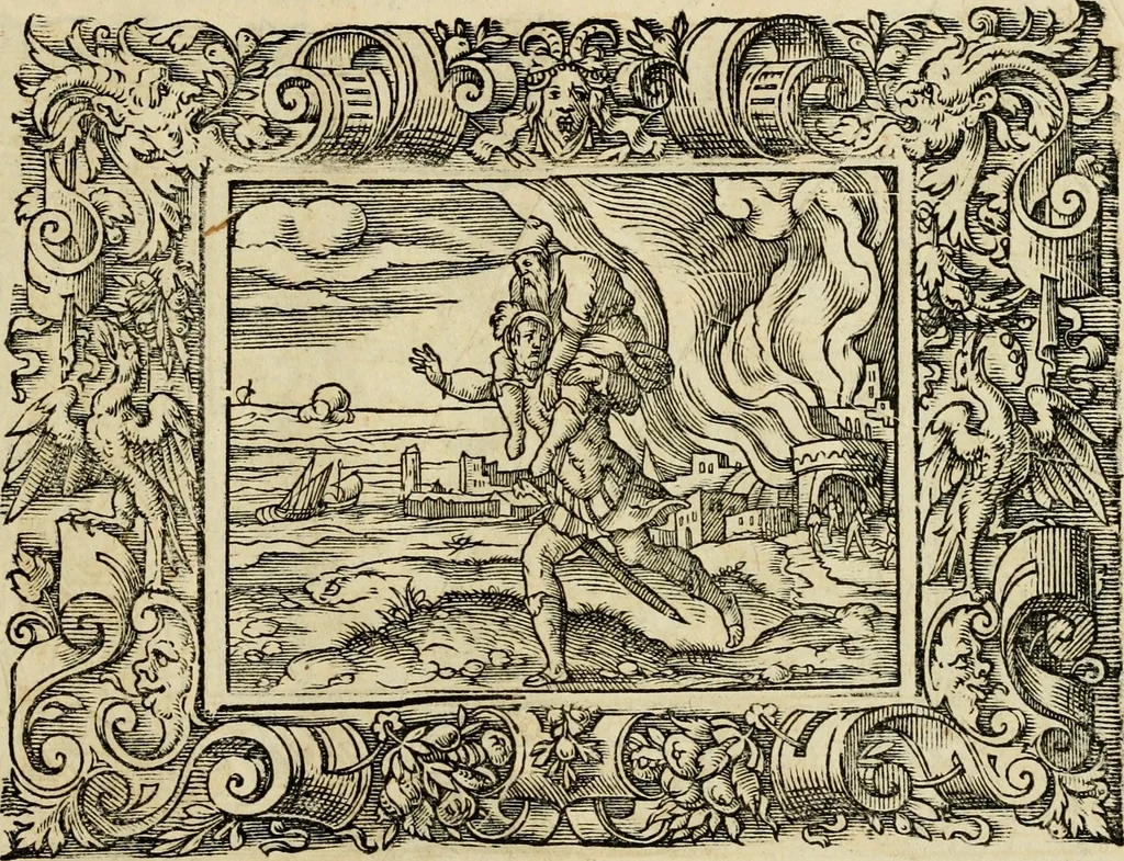 An illustration from Iohan. Posthii Germershemii Tetrasticha in Ovidii Metam. lib. XV. qvibus accesserunt Vergilij Solis figurae elegantiss. & iam primùm in lucem editae = Schoene Figuren auss dem fuertrefflichen Poeten Ouidio, allen Malern, Goldtschmiden, und Bildthauwern, zü nutz unnd gütem mit fleiss gerissen, 1563, leaf 180