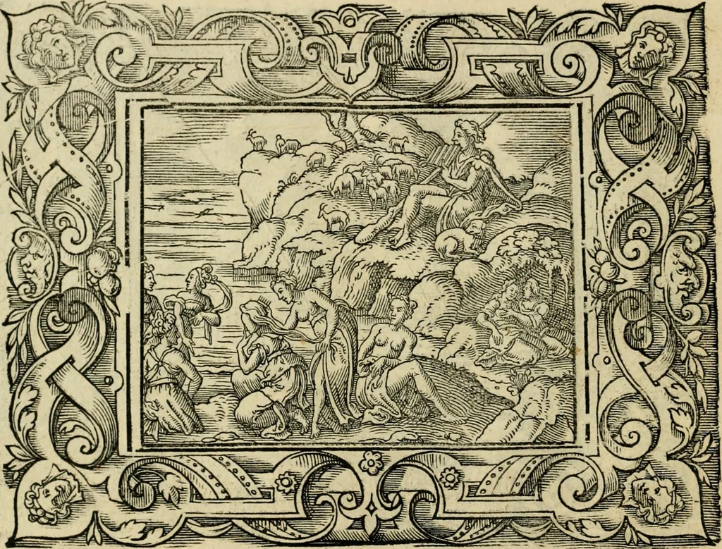An illustration from Iohan. Posthii Germershemii Tetrasticha in Ovidii Metam. lib. XV. qvibus accesserunt Vergilij Solis figurae elegantiss. & iam primùm in lucem editae = Schoene Figuren auss dem fuertrefflichen Poeten Ouidio, allen Malern, Goldtschmiden, und Bildthauwern, zü nutz unnd gütem mit fleiss gerissen, 1563, leaf 181
