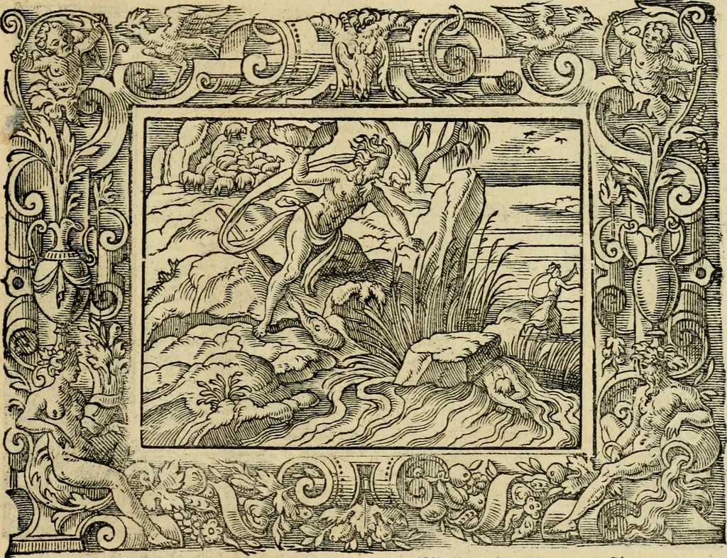 An illustration from Iohan. Posthii Germershemii Tetrasticha in Ovidii Metam. lib. XV. qvibus accesserunt Vergilij Solis figurae elegantiss. & iam primùm in lucem editae = Schoene Figuren auss dem fuertrefflichen Poeten Ouidio, allen Malern, Goldtschmiden, und Bildthauwern, zü nutz unnd gütem mit fleiss gerissen, 1563, leaf 182