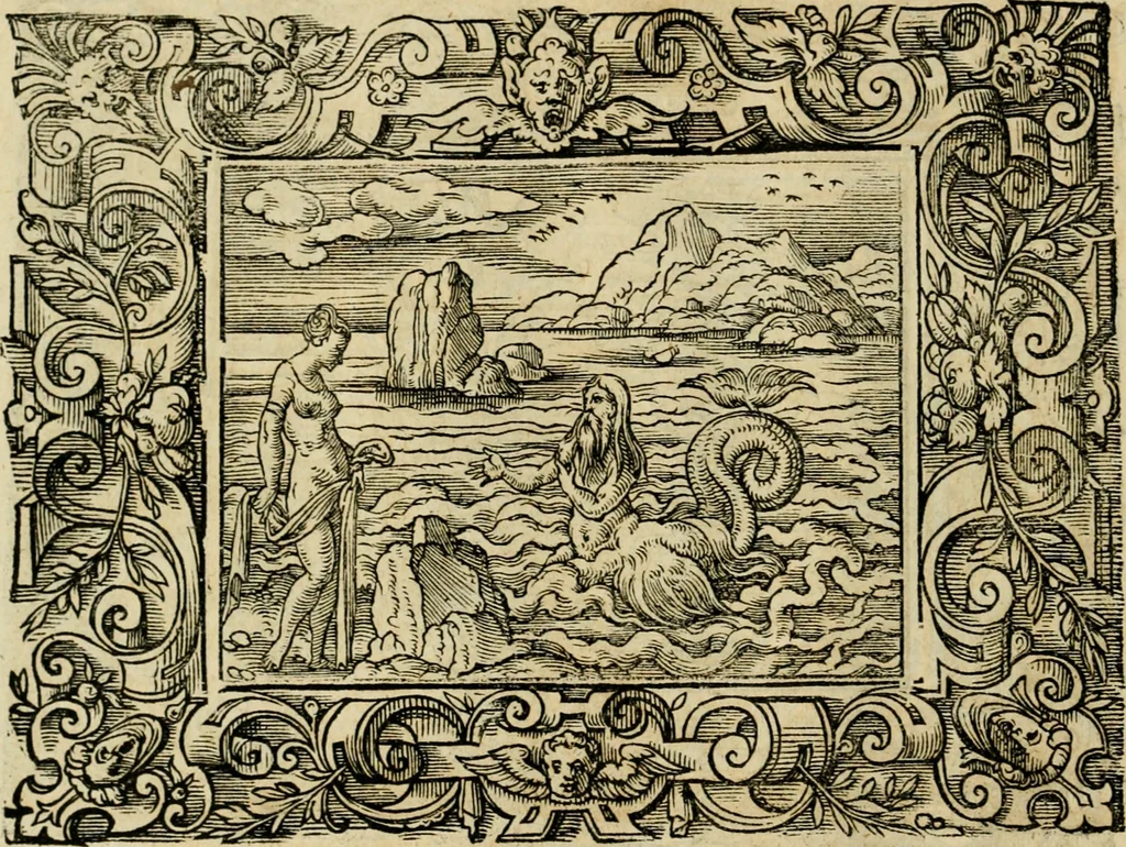 An illustration from Iohan. Posthii Germershemii Tetrasticha in Ovidii Metam. lib. XV. qvibus accesserunt Vergilij Solis figurae elegantiss. & iam primùm in lucem editae = Schoene Figuren auss dem fuertrefflichen Poeten Ouidio, allen Malern, Goldtschmiden, und Bildthauwern, zü nutz unnd gütem mit fleiss gerissen, 1563, leaf 183
