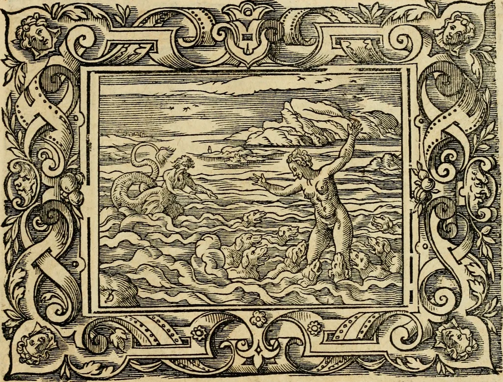 An illustration from Iohan. Posthii Germershemii Tetrasticha in Ovidii Metam. lib. XV. qvibus accesserunt Vergilij Solis figurae elegantiss. & iam primùm in lucem editae = Schoene Figuren auss dem fuertrefflichen Poeten Ouidio, allen Malern, Goldtschmiden, und Bildthauwern, zü nutz unnd gütem mit fleiss gerissen, 1563, leaf 184