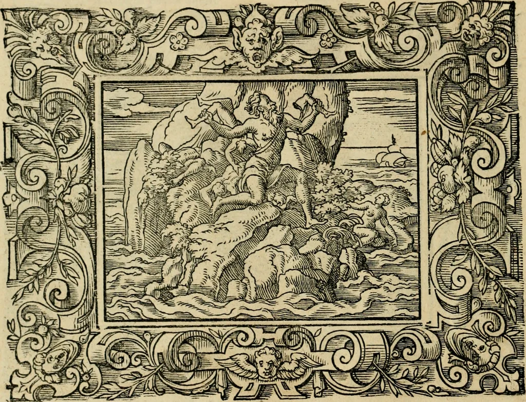 An illustration from Iohan. Posthii Germershemii Tetrasticha in Ovidii Metam. lib. XV. qvibus accesserunt Vergilij Solis figurae elegantiss. & iam primùm in lucem editae = Schoene Figuren auss dem fuertrefflichen Poeten Ouidio, allen Malern, Goldtschmiden, und Bildthauwern, zü nutz unnd gütem mit fleiss gerissen, 1563, leaf 185