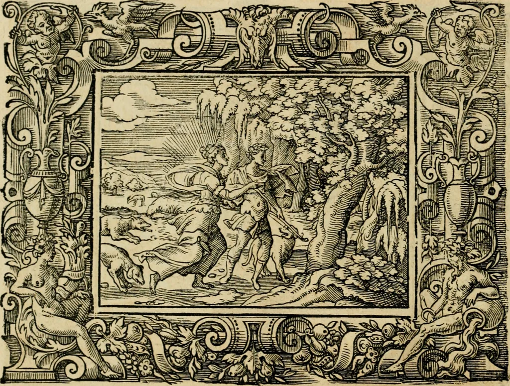 An illustration from Iohan. Posthii Germershemii Tetrasticha in Ovidii Metam. lib. XV. qvibus accesserunt Vergilij Solis figurae elegantiss. & iam primùm in lucem editae = Schoene Figuren auss dem fuertrefflichen Poeten Ouidio, allen Malern, Goldtschmiden, und Bildthauwern, zü nutz unnd gütem mit fleiss gerissen, 1563, leaf 187