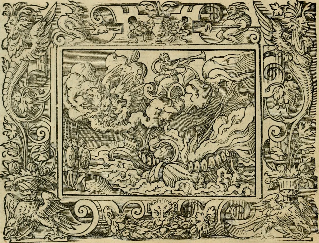 An illustration from Iohan. Posthii Germershemii Tetrasticha in Ovidii Metam. lib. XV. qvibus accesserunt Vergilij Solis figurae elegantiss. & iam primùm in lucem editae = Schoene Figuren auss dem fuertrefflichen Poeten Ouidio, allen Malern, Goldtschmiden, und Bildthauwern, zü nutz unnd gütem mit fleiss gerissen, 1563, leaf 189