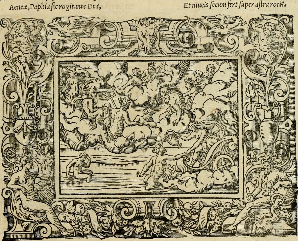 An illustration from Iohan. Posthii Germershemii Tetrasticha in Ovidii Metam. lib. XV. qvibus accesserunt Vergilij Solis figurae elegantiss. & iam primùm in lucem editae = Schoene Figuren auss dem fuertrefflichen Poeten Ouidio, allen Malern, Goldtschmiden, und Bildthauwern, zü nutz unnd gütem mit fleiss gerissen, 1563, leaf 190