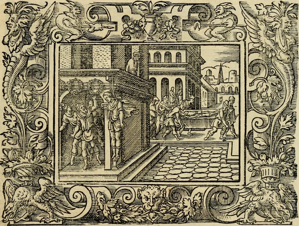 An illustration from Iohan. Posthii Germershemii Tetrasticha in Ovidii Metam. lib. XV. qvibus accesserunt Vergilij Solis figurae elegantiss. & iam primùm in lucem editae = Schoene Figuren auss dem fuertrefflichen Poeten Ouidio, allen Malern, Goldtschmiden, und Bildthauwern, zü nutz unnd gütem mit fleiss gerissen, 1563, leaf 192