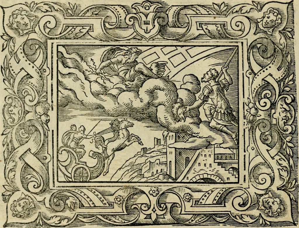 An illustration from Iohan. Posthii Germershemii Tetrasticha in Ovidii Metam. lib. XV. qvibus accesserunt Vergilij Solis figurae elegantiss. & iam primùm in lucem editae = Schoene Figuren auss dem fuertrefflichen Poeten Ouidio, allen Malern, Goldtschmiden, und Bildthauwern, zü nutz unnd gütem mit fleiss gerissen, 1563, leaf 193