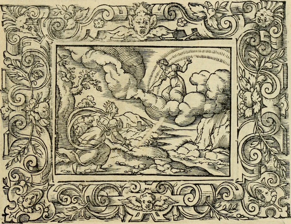 An illustration from Iohan. Posthii Germershemii Tetrasticha in Ovidii Metam. lib. XV. qvibus accesserunt Vergilij Solis figurae elegantiss. & iam primùm in lucem editae = Schoene Figuren auss dem fuertrefflichen Poeten Ouidio, allen Malern, Goldtschmiden, und Bildthauwern, zü nutz unnd gütem mit fleiss gerissen, 1563, leaf 194