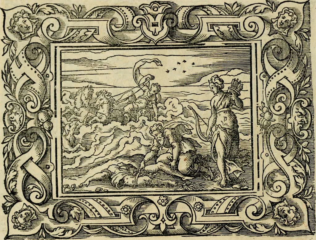 An illustration from Iohan. Posthii Germershemii Tetrasticha in Ovidii Metam. lib. XV. qvibus accesserunt Vergilij Solis figurae elegantiss. & iam primùm in lucem editae = Schoene Figuren auss dem fuertrefflichen Poeten Ouidio, allen Malern, Goldtschmiden, und Bildthauwern, zü nutz unnd gütem mit fleiss gerissen, 1563, leaf 195