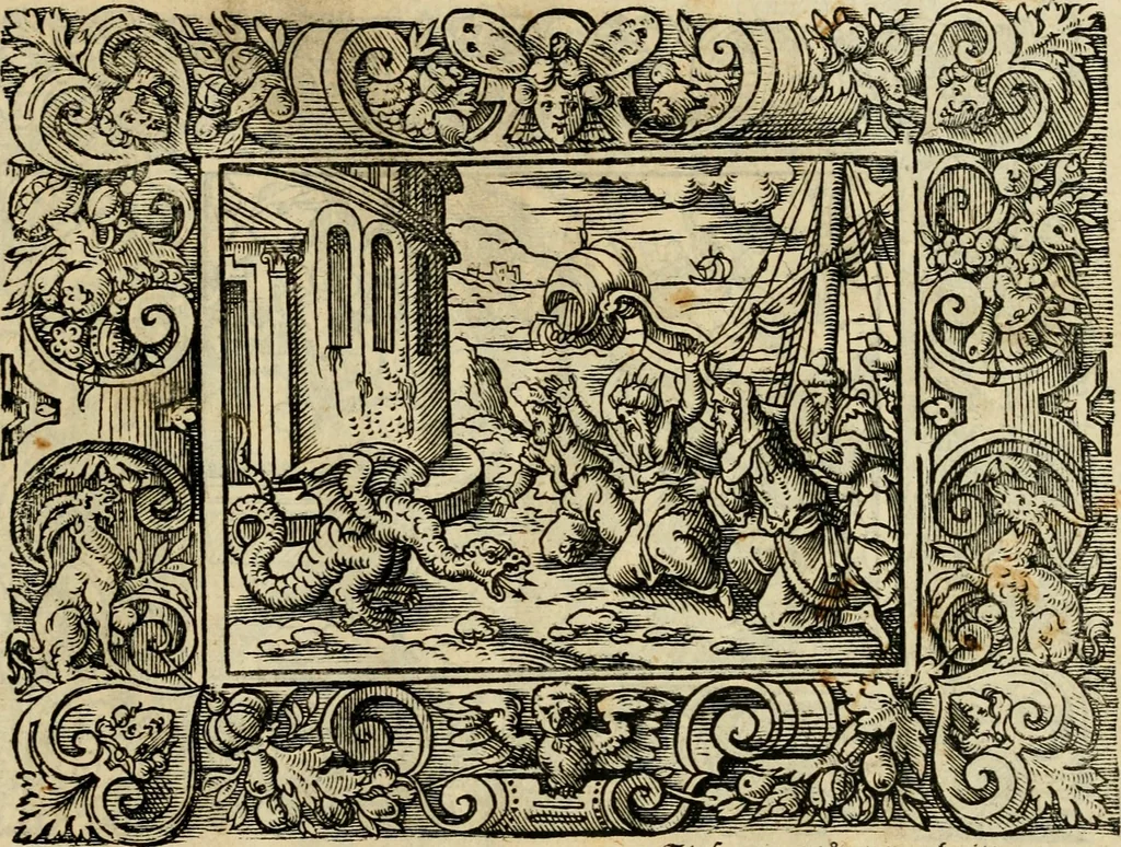 An illustration from Iohan. Posthii Germershemii Tetrasticha in Ovidii Metam. lib. XV. qvibus accesserunt Vergilij Solis figurae elegantiss. & iam primùm in lucem editae = Schoene Figuren auss dem fuertrefflichen Poeten Ouidio, allen Malern, Goldtschmiden, und Bildthauwern, zü nutz unnd gütem mit fleiss gerissen, 1563, leaf 198