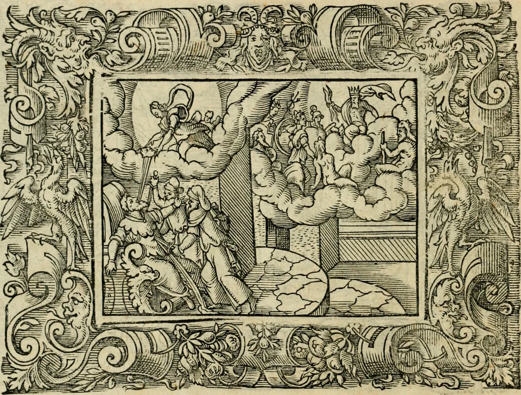 An illustration from Iohan. Posthii Germershemii Tetrasticha in Ovidii Metam. lib. XV. qvibus accesserunt Vergilij Solis figurae elegantiss. & iam primùm in lucem editae = Schoene Figuren auss dem fuertrefflichen Poeten Ouidio, allen Malern, Goldtschmiden, und Bildthauwern, zü nutz unnd gütem mit fleiss gerissen, 1563, leaf 199