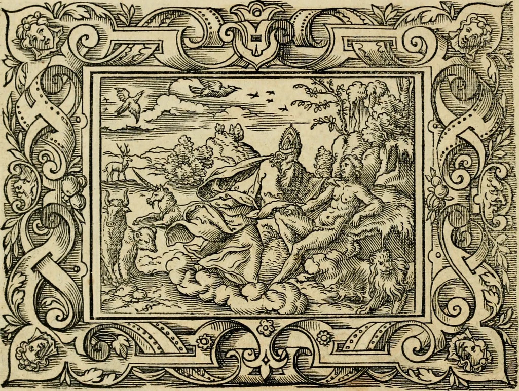 An illustration from Iohan. Posthii Germershemii Tetrasticha in Ovidii Metam. lib. XV. qvibus accesserunt Vergilij Solis figurae elegantiss. & iam primùm in lucem editae = Schoene Figuren auss dem fuertrefflichen Poeten Ouidio, allen Malern, Goldtschmiden, und Bildthauwern, zü nutz unnd gütem mit fleiss gerissen, 1563, leaf 23