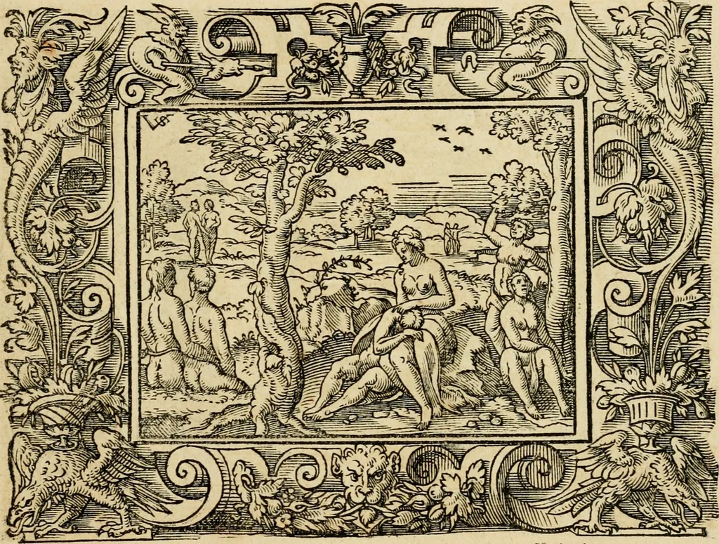 An illustration from Iohan. Posthii Germershemii Tetrasticha in Ovidii Metam. lib. XV. qvibus accesserunt Vergilij Solis figurae elegantiss. & iam primùm in lucem editae = Schoene Figuren auss dem fuertrefflichen Poeten Ouidio, allen Malern, Goldtschmiden, und Bildthauwern, zü nutz unnd gütem mit fleiss gerissen, 1563, leaf 24