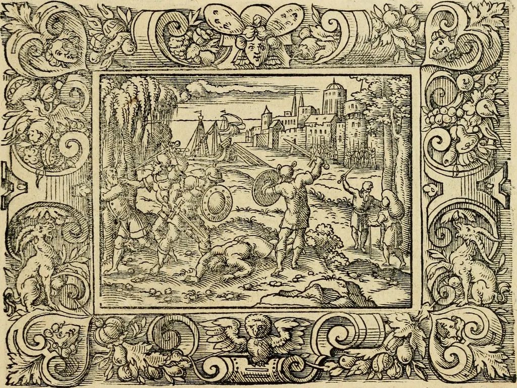 An illustration from Iohan. Posthii Germershemii Tetrasticha in Ovidii Metam. lib. XV. qvibus accesserunt Vergilij Solis figurae elegantiss. & iam primùm in lucem editae = Schoene Figuren auss dem fuertrefflichen Poeten Ouidio, allen Malern, Goldtschmiden, und Bildthauwern, zü nutz unnd gütem mit fleiss gerissen, 1563, leaf 26