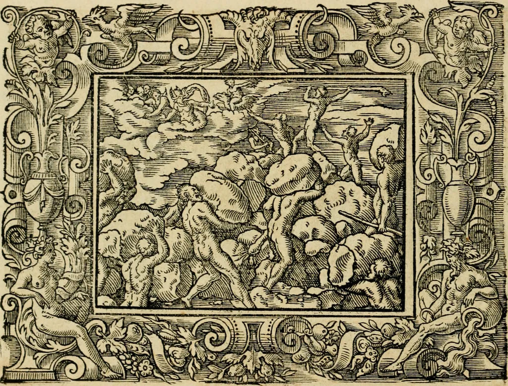 An illustration from Iohan. Posthii Germershemii Tetrasticha in Ovidii Metam. lib. XV. qvibus accesserunt Vergilij Solis figurae elegantiss. & iam primùm in lucem editae = Schoene Figuren auss dem fuertrefflichen Poeten Ouidio, allen Malern, Goldtschmiden, und Bildthauwern, zü nutz unnd gütem mit fleiss gerissen, 1563, leaf 27